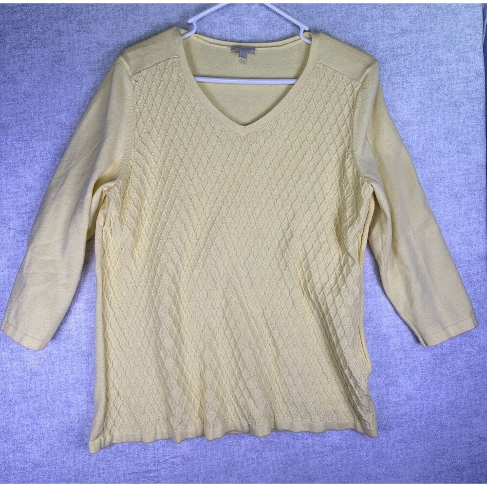 Talbots Sweater Womens Size Large Yellow Knit Cotton 3/4 Sleeve Casual Career